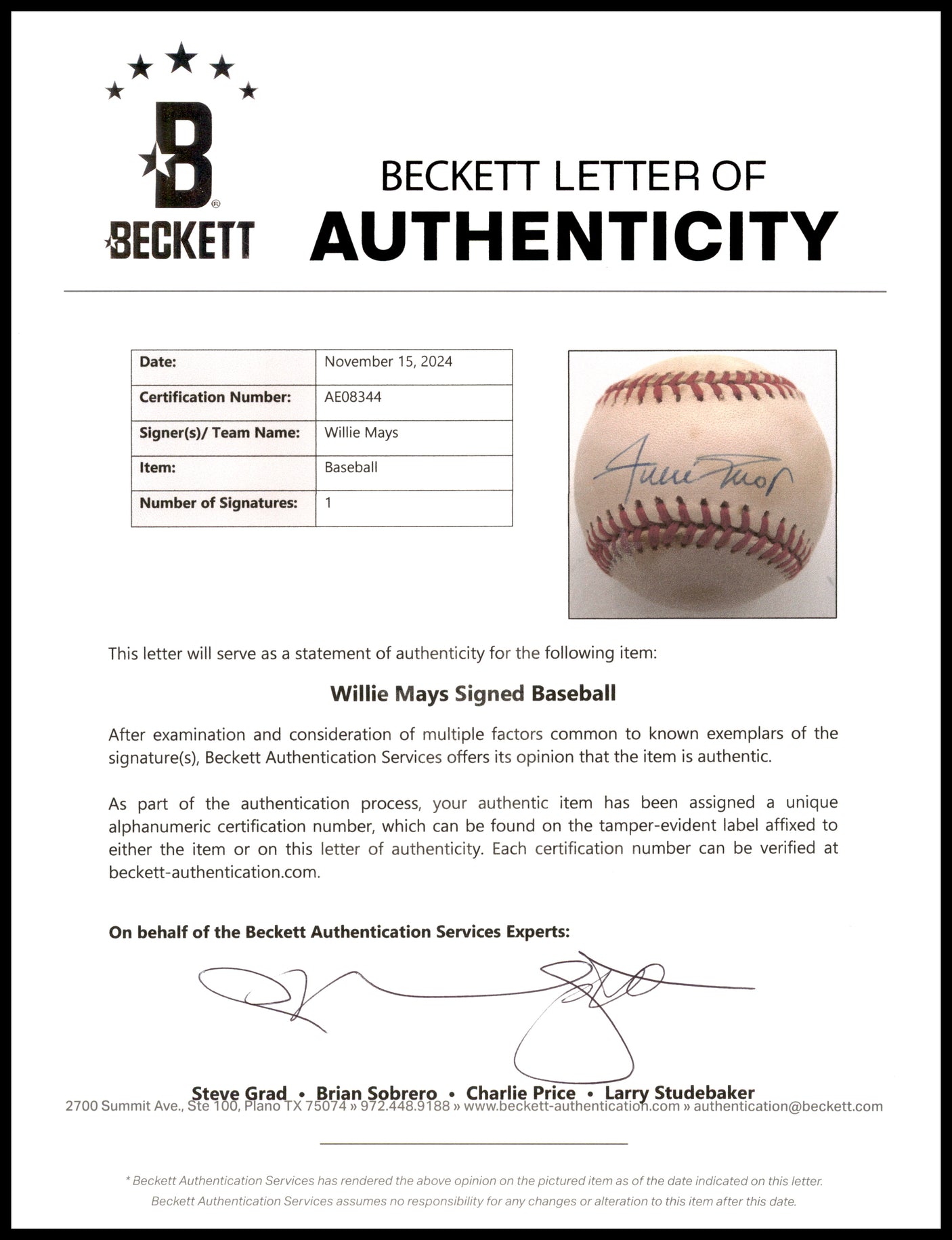 Willie Mays Autographed Official NL Baseball San Francisco Giants Beckett BAS #AE08344