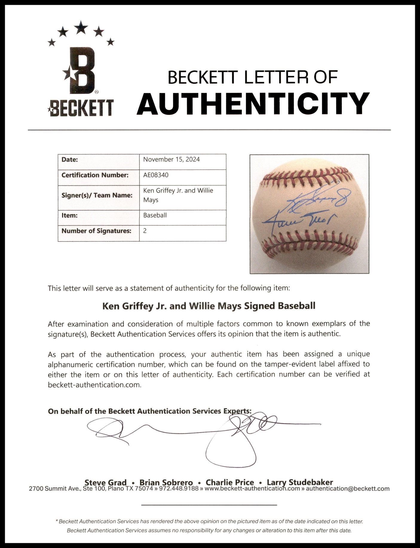 Willie Mays & Ken Griffey Jr. Autographed Official NL Baseball Beckett BAS #AE08340