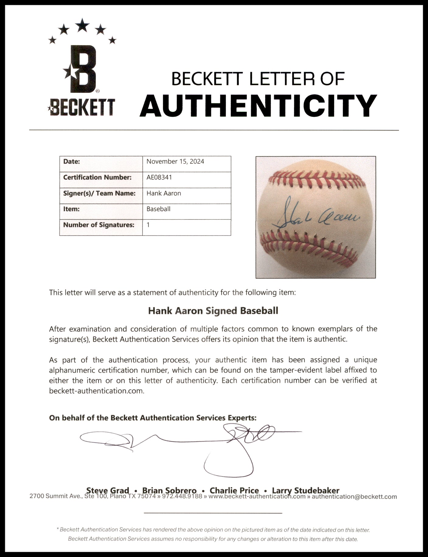 Hank Aaron Autographed Official NL Baseball Atlanta Braves Beckett BAS #AE08341