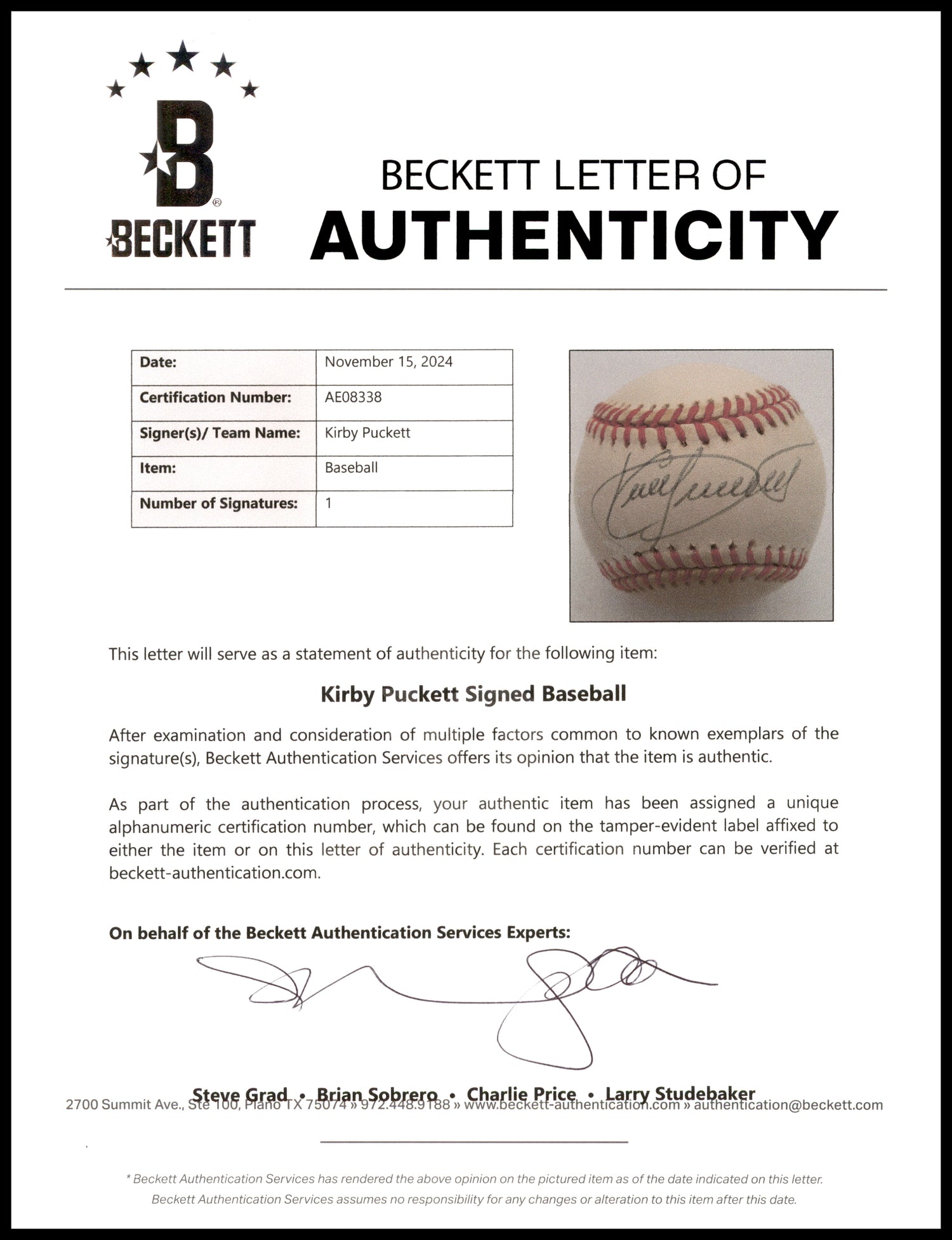 Kirby Puckett Autographed Official AL Baseball Minnesota Twins Beckett BAS #AE08338