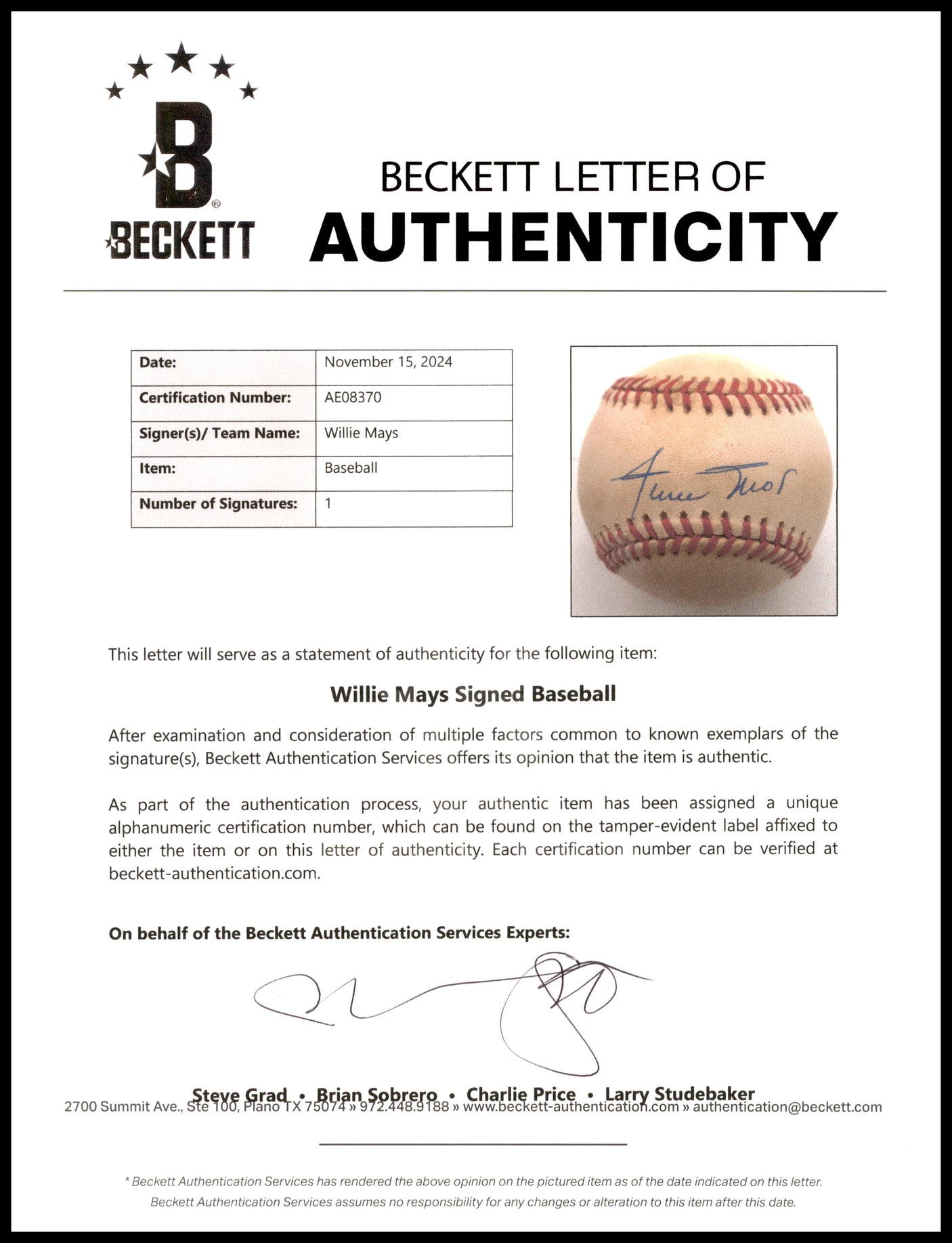 Willie Mays Autographed Official NL Baseball San Francisco Giants Beckett BAS #AE08370