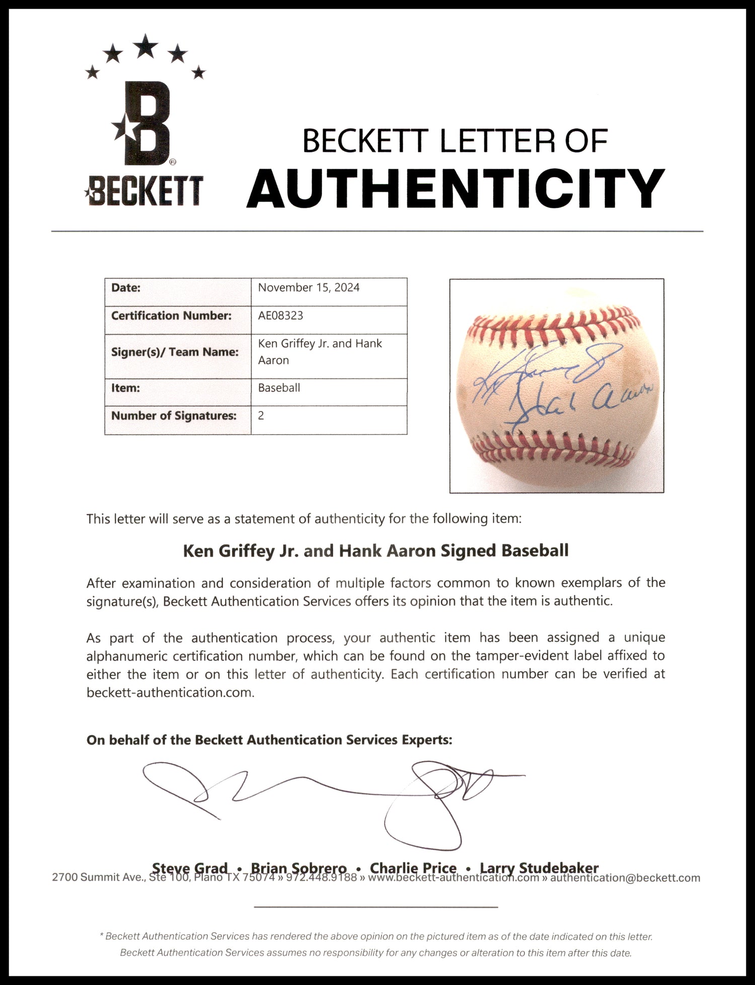 Hank Aaron & Ken Griffey Jr. Autographed Official NL Baseball Beckett BAS #AE08323