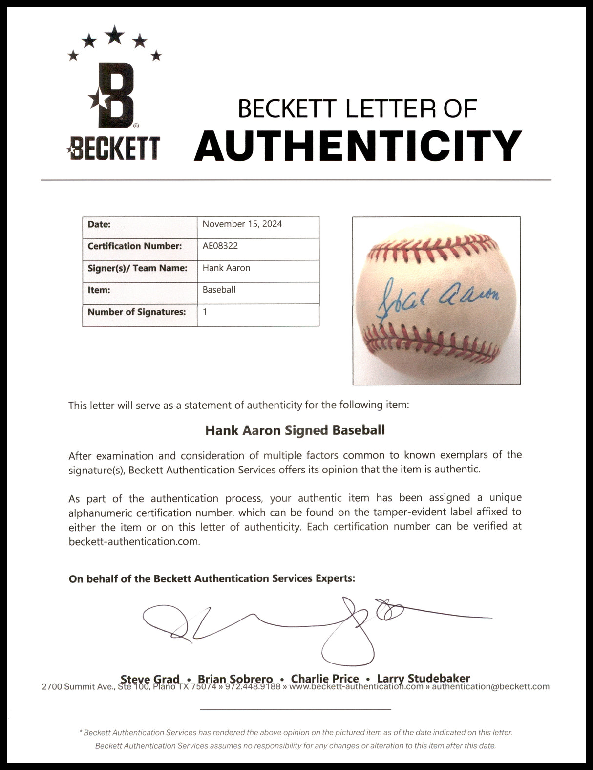 Hank Aaron Autographed Official NL Baseball Atlanta Braves Beckett BAS #AE08322