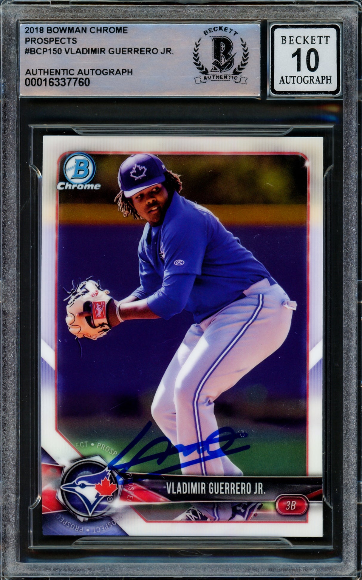 Vladimir Guerrero Jr. Autographed 2018 Bowman Chrome Rookie Card #BCP150 Toronto Blue Jays Auto Grade Gem Mint 10 Beckett BAS #16337760