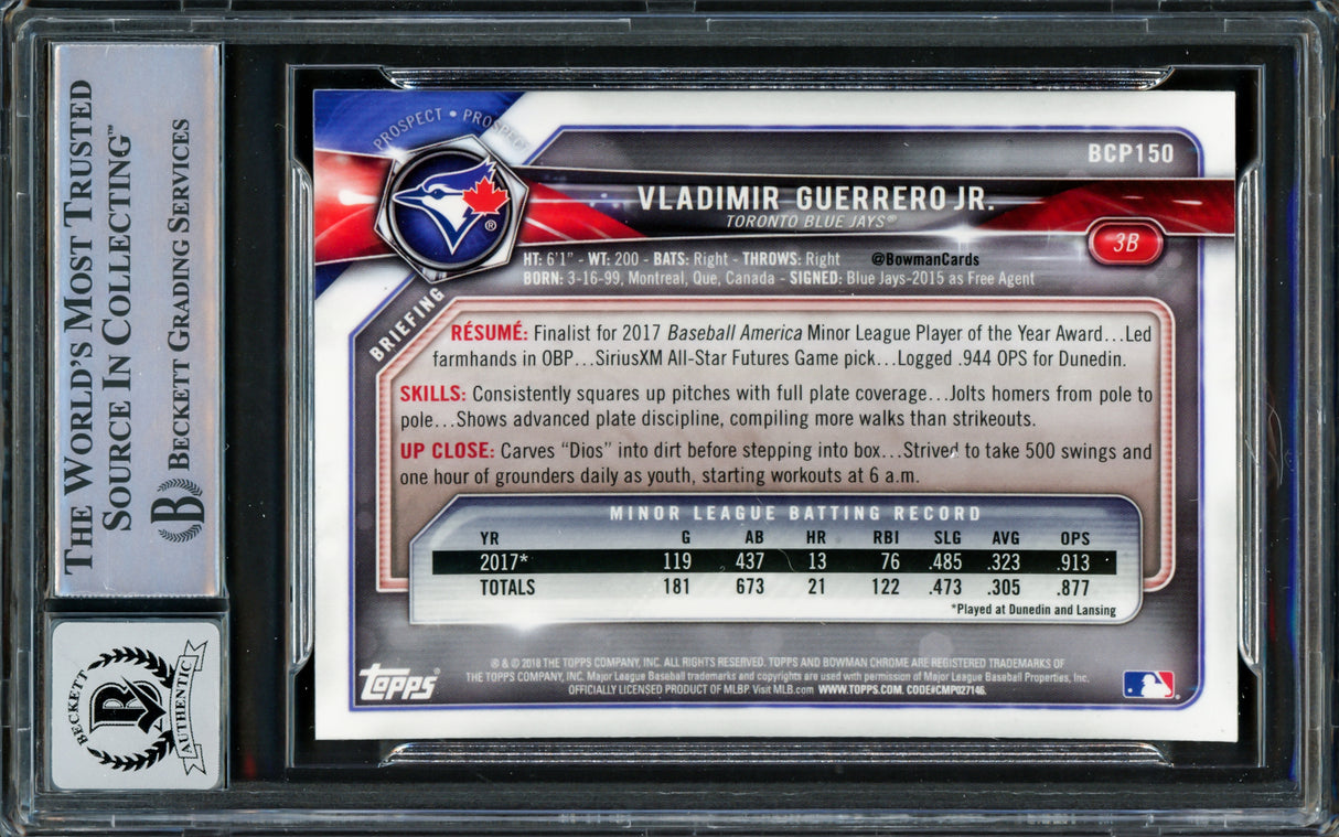 Vladimir Guerrero Jr. Autographed 2018 Bowman Chrome Rookie Card #BCP150 Toronto Blue Jays Auto Grade Gem Mint 10 Beckett BAS #16337760