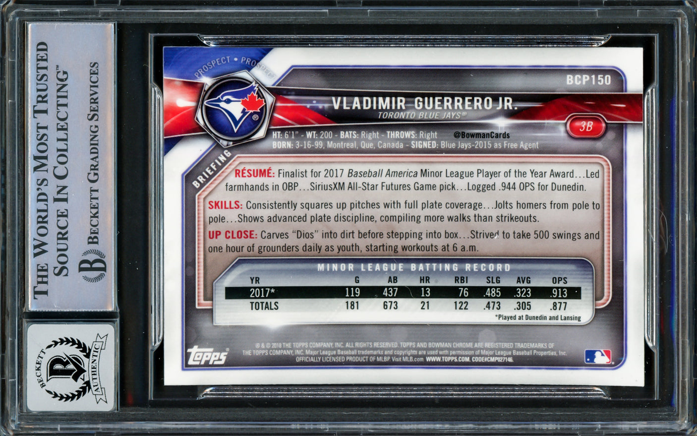 Vladimir Guerrero Jr. Autographed 2018 Bowman Chrome Rookie Card #BCP150 Toronto Blue Jays Auto Grade Gem Mint 10 Beckett BAS #16337760