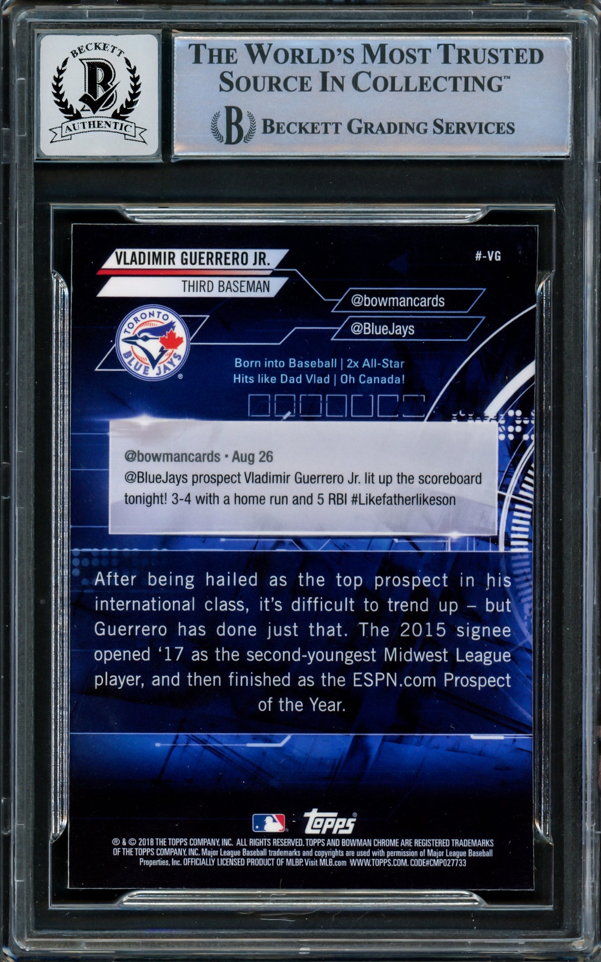 Vladimir Guerrero Jr. Autographed 2018 Bowman Chrome Trending Rookie Card #-VG Toronto Blue Jays Auto Grade Gem Mint 10 Beckett BAS #16337858