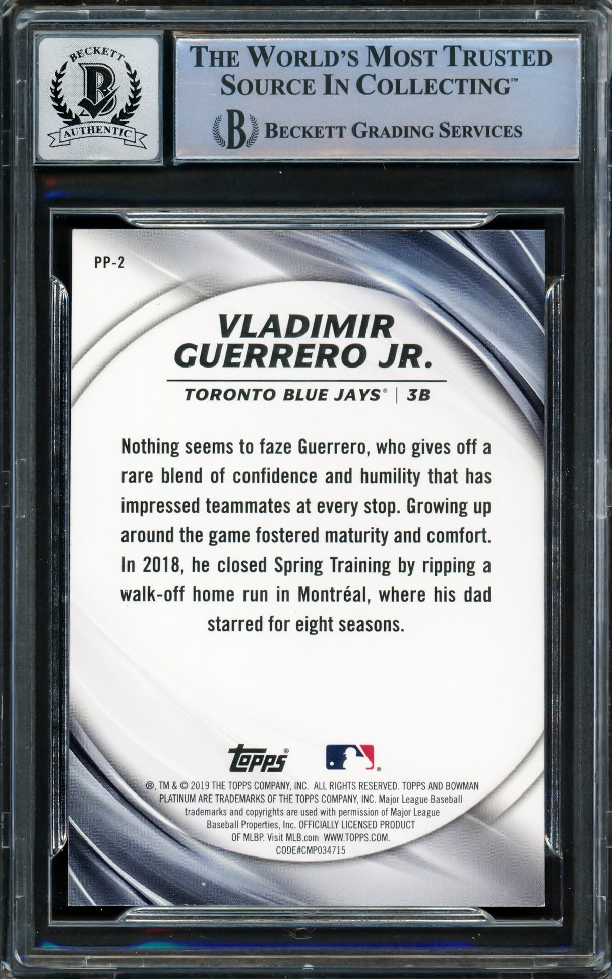 Vladimir Guerrero Jr. Autographed 2019 Bowman Platinum Presence Card #PP-2 Toronto Blue Jays Auto Grade Gem Mint 10 Beckett BAS #16338003