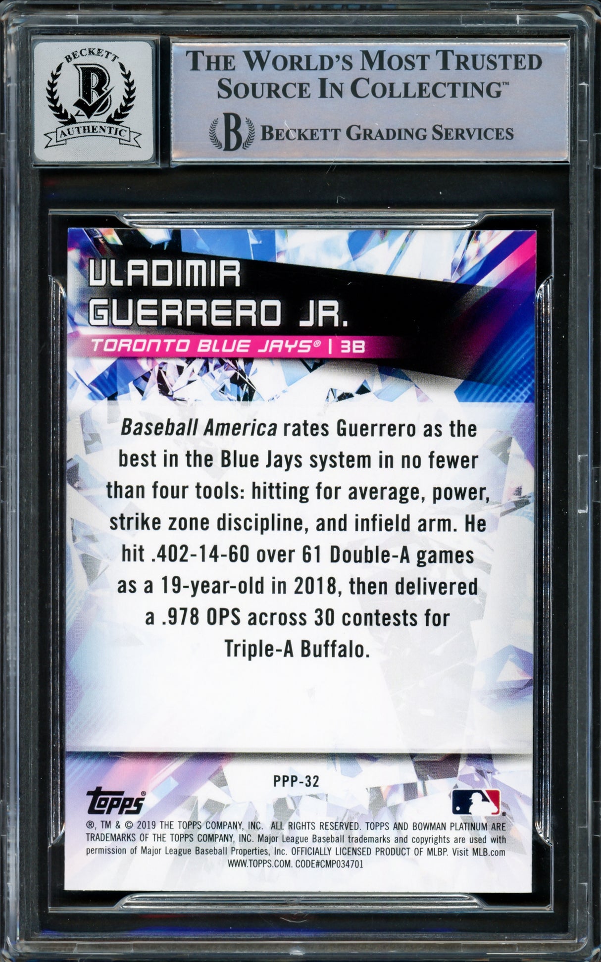 Vladimir Guerrero Jr. Autographed 2019 Bowman Platinum Prismatic Prodigies Card #PPP-32 Toronto Blue Jays Auto Grade Gem Mint 10 Beckett BAS #16338004