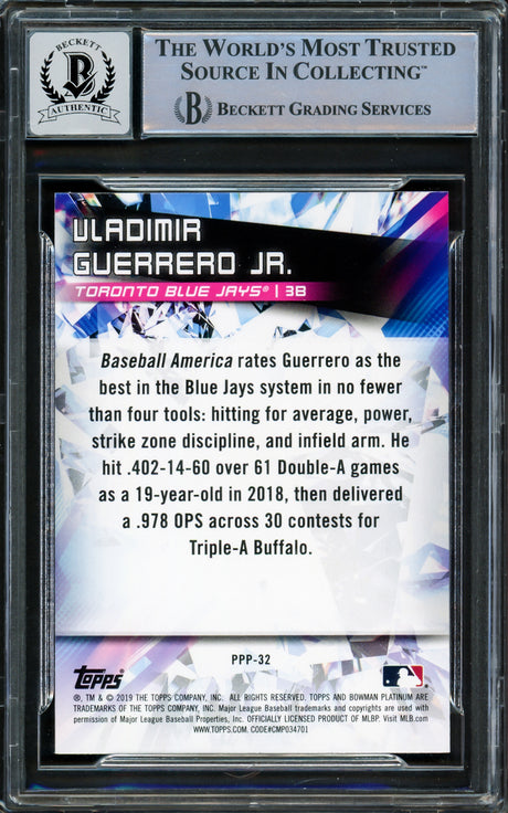 Vladimir Guerrero Jr. Autographed 2019 Bowman Platinum Prismatic Prodigies Card #PPP-32 Toronto Blue Jays Auto Grade Gem Mint 10 Beckett BAS #16338006