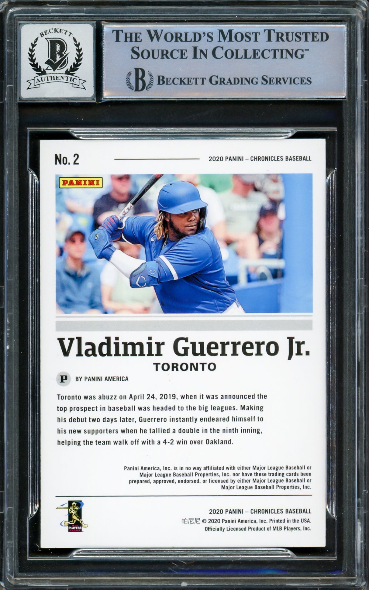 Vladimir Guerrero Jr. Autographed 2020 Panini Chronicles Card #2 Toronto Blue Jays Auto Grade Gem Mint 10 Beckett BAS #16338115