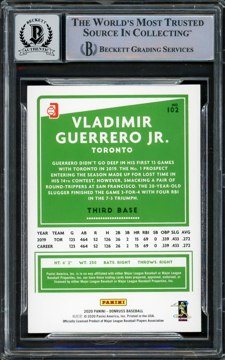 Vladimir Guerrero Jr. Autographed 2020 Donruss Variations Card #102 Toronto Blue Jays Auto Grade Gem Mint 10 Beckett BAS #16338118