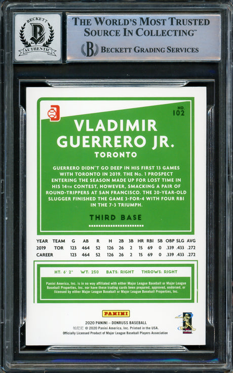 Vladimir Guerrero Jr. Autographed 2020 Donruss Variations Card #102 Toronto Blue Jays Auto Grade Gem Mint 10 Beckett BAS #16338119