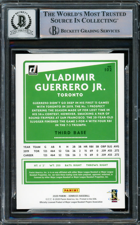 Vladimir Guerrero Jr. Autographed 2020 Donruss Card #102 Toronto Blue Jays Auto Grade Gem Mint 10 Beckett BAS #16338116