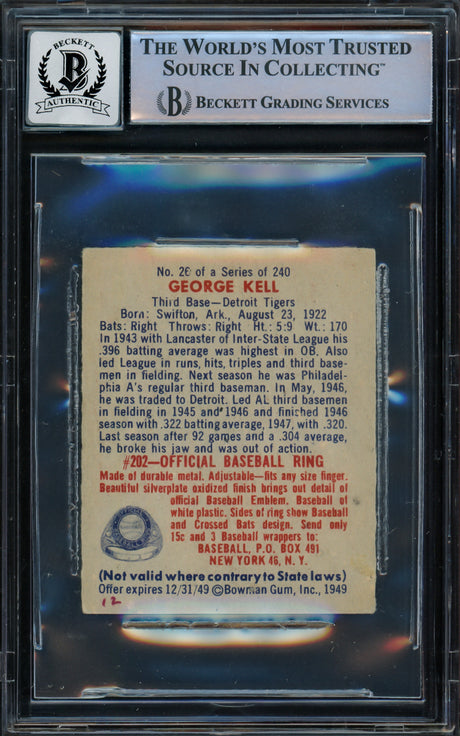 George Kell Autographed 1949 Bowman Rookie Card #26 Detroit Tigers Auto Grade Gem Mint 10 (Tape) Beckett BAS #16339141