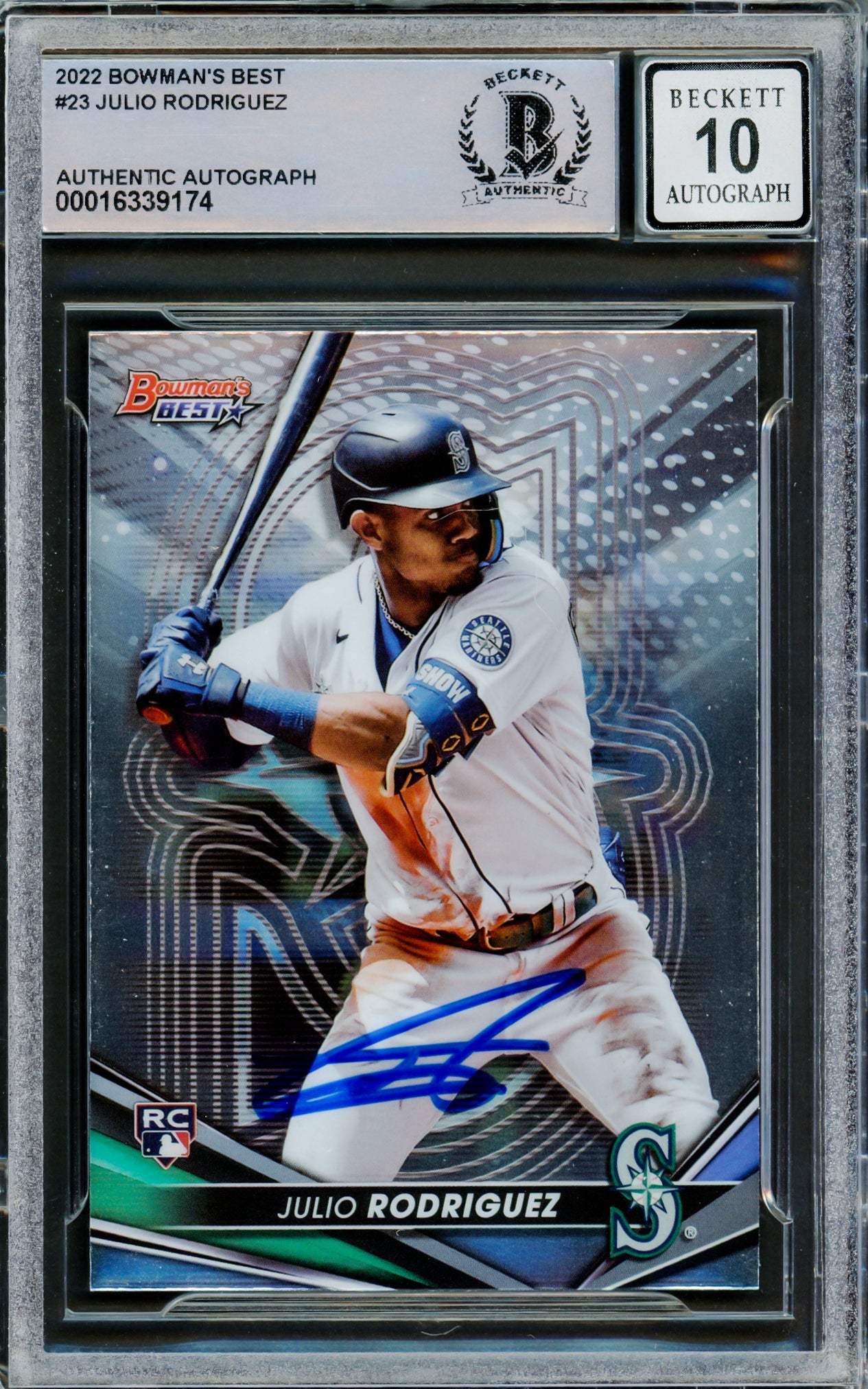 Julio Rodriguez Autographed 2022 Bowman's Best Rookie Card #23 Seattle Mariners Auto Grade Gem Mint 10 Beckett BAS #16339174