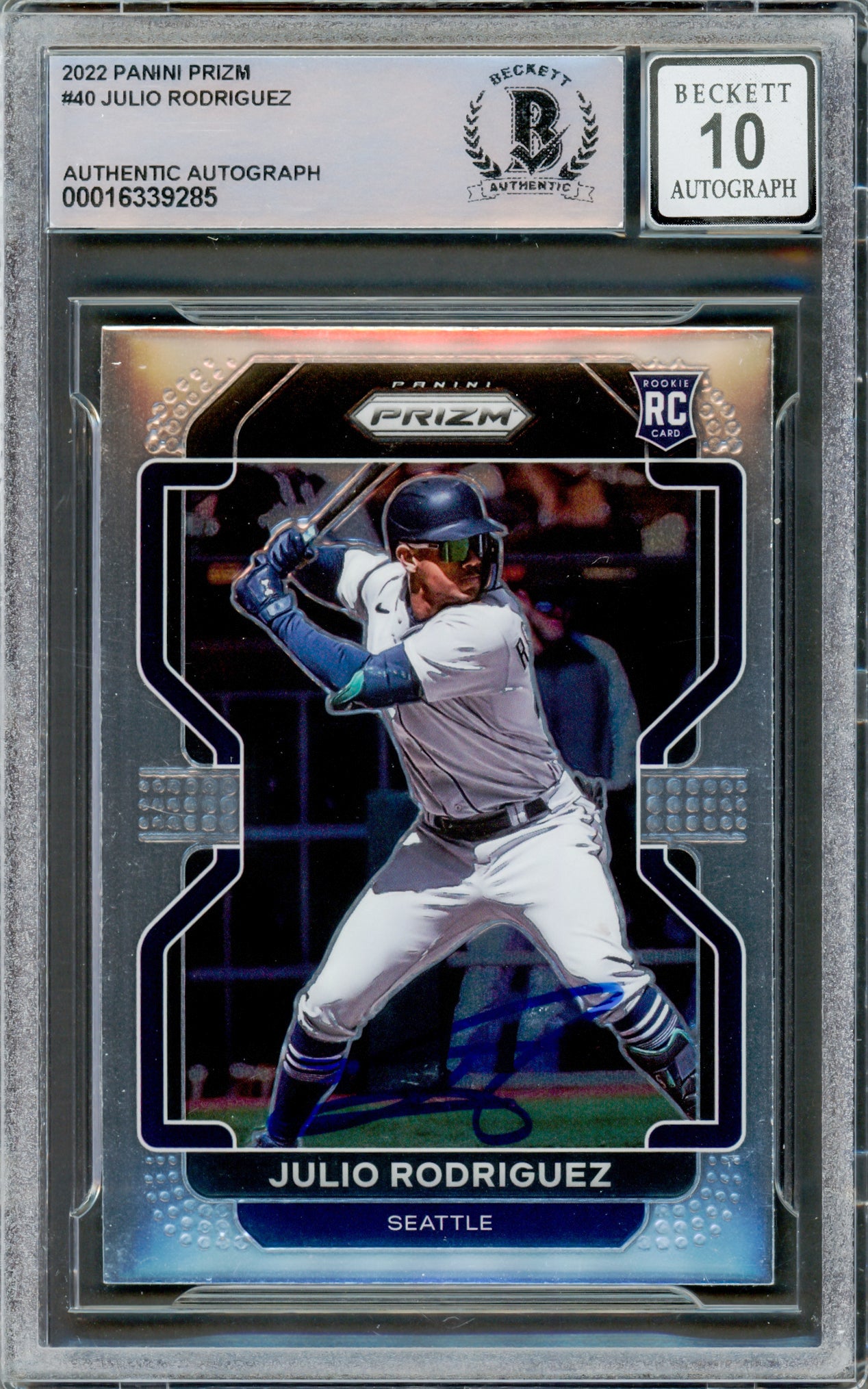 Julio Rodriguez Autographed 2022 Panini Prizm Rookie Card #40 Seattle Mariners Auto Grade Gem Mint 10 Beckett BAS #16339285
