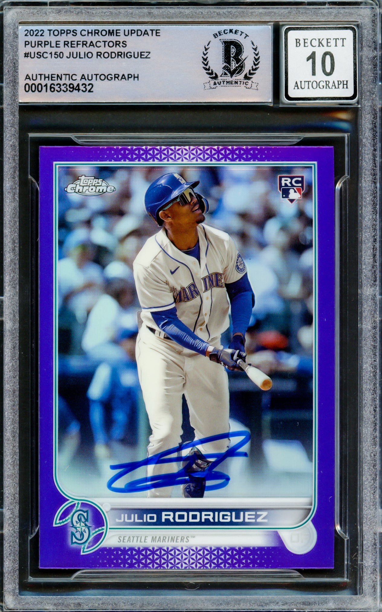 Julio Rodriguez Autographed 2022 Topps Chrome Update Purple Refractor Rookie Card #USC150 Seattle Mariners Auto Grade Gem Mint 10 Beckett BAS #16339432