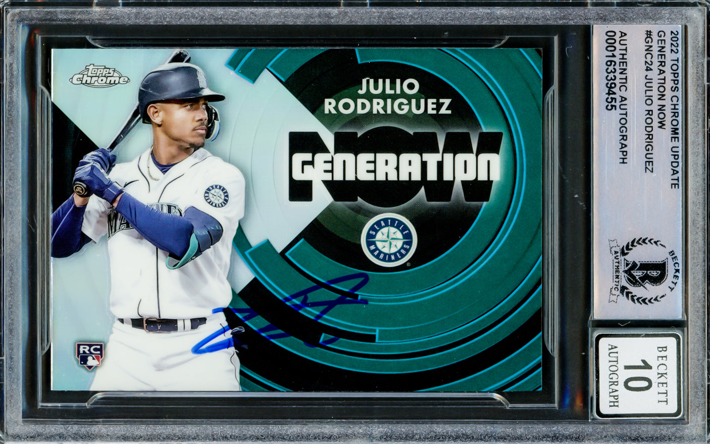 Julio Rodriguez Autographed 2022 Topps Chrome Generation Now Rookie Card #GNC-24 Seattle Mariners Auto Grade Gem Mint 10 Beckett BAS #16339455