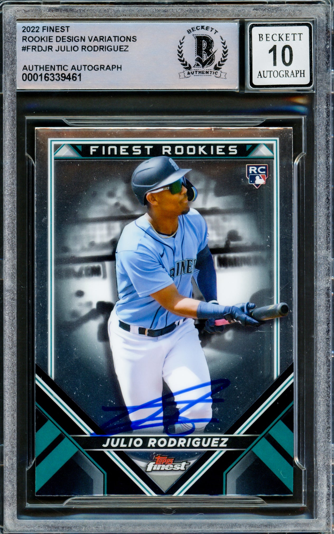 Julio Rodriguez Autographed 2022 Topps Finest Rookie Card #FRD-JR Seattle Mariners Auto Grade Gem Mint 10 Beckett BAS #16339461