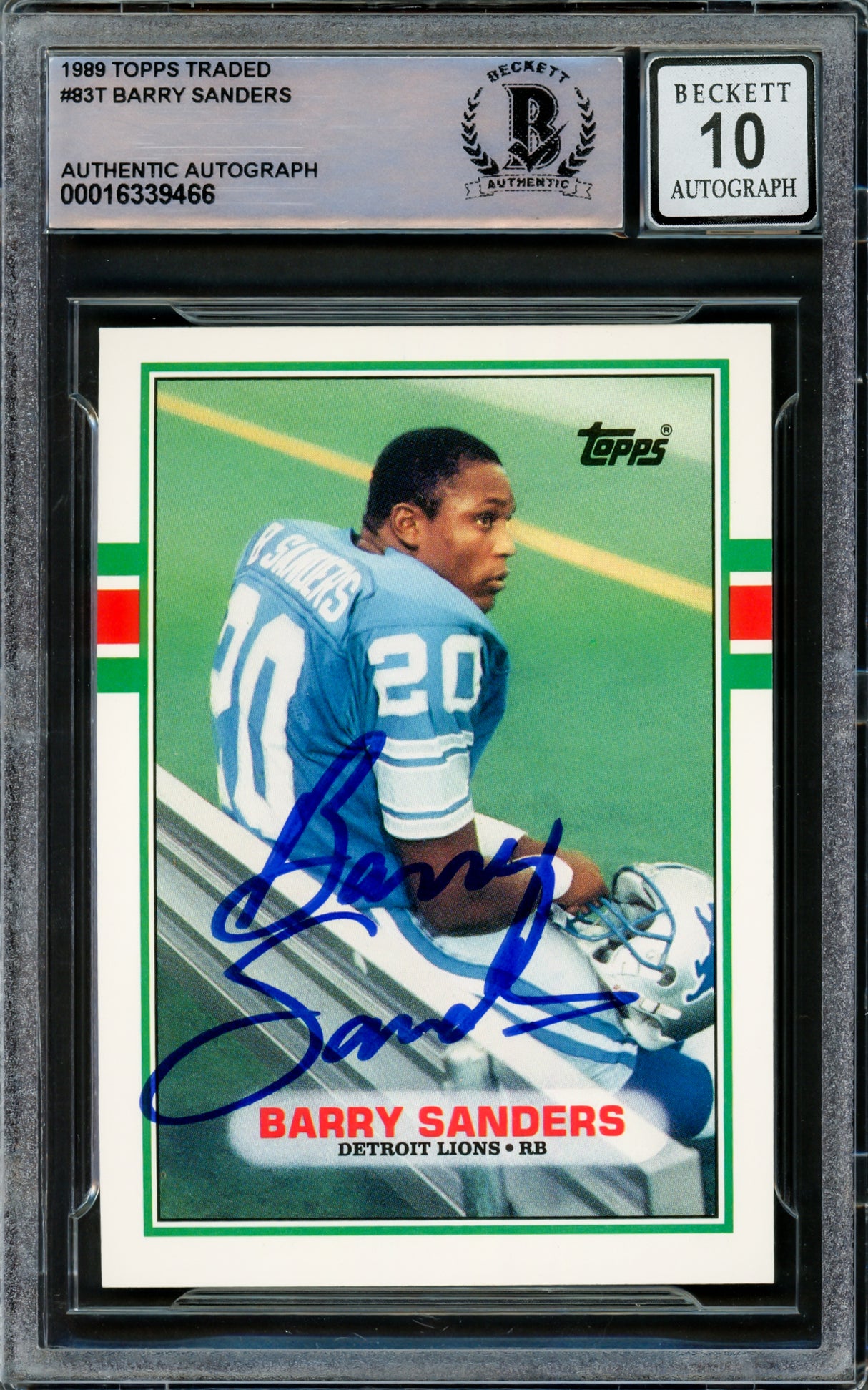 Barry Sanders Autographed 1989 Topps Traded Rookie Card #83T Detroit Lions Auto Grade Gem Mint 10 Vintage Rookie Signature Beckett BAS #16339466