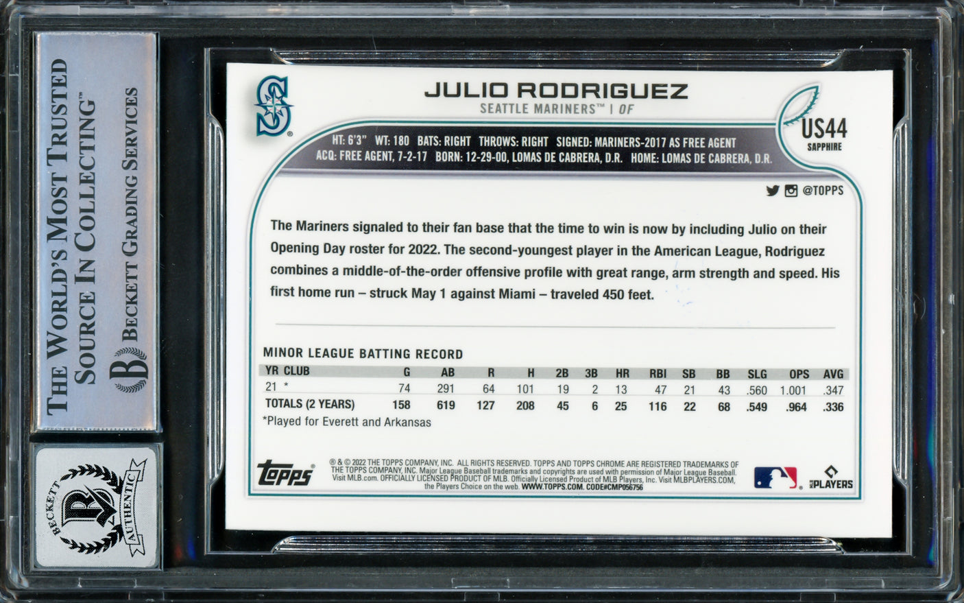 Julio Rodriguez Autographed 2022 Topps Chrome Update Sapphire Rookie Card #US44 Seattle Mariners Auto Grade Gem Mint 10 Beckett BAS #16339454