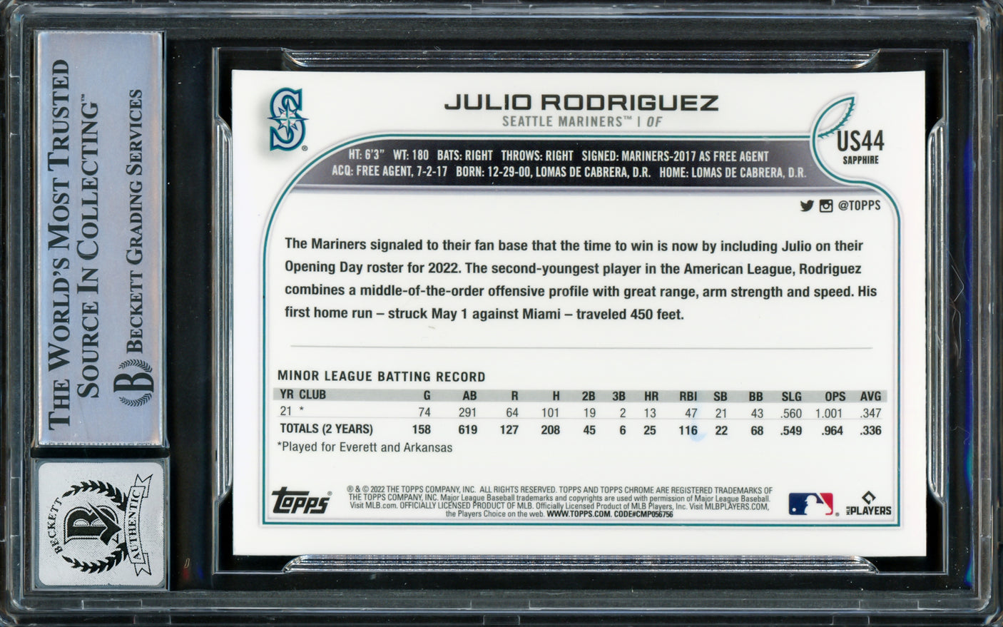 Julio Rodriguez Autographed 2022 Topps Chrome Update Sapphire Rookie Card #US44 Seattle Mariners Auto Grade Gem Mint 10 Beckett BAS #16339453