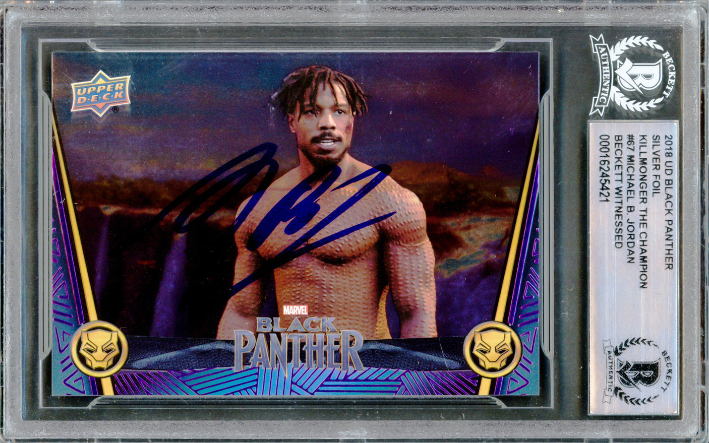 Michael B. Jordan Autographed 2018 Upper Deck Black Panther Silver Foil Card #67 Marvel Okoye Takes on KillMonger Beckett BAS Stock #224179