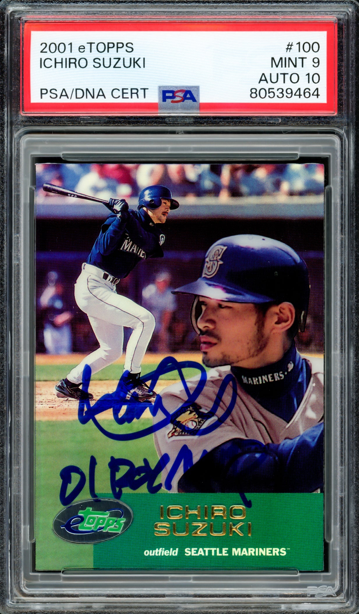 Ichiro Suzuki Autographed 2001 eTopps Rookie Card #100 Seattle Mariners PSA 9 Auto Grade Gem Mint 10 "01 ROY/MVP" PSA/DNA #80539464