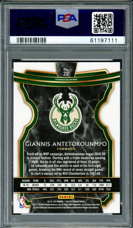 Giannis Antetokounmpo Autographed 2019 Panini Select Rookie Card #22 Milwaukee Bucks PSA 9 PSA/DNA #61197111