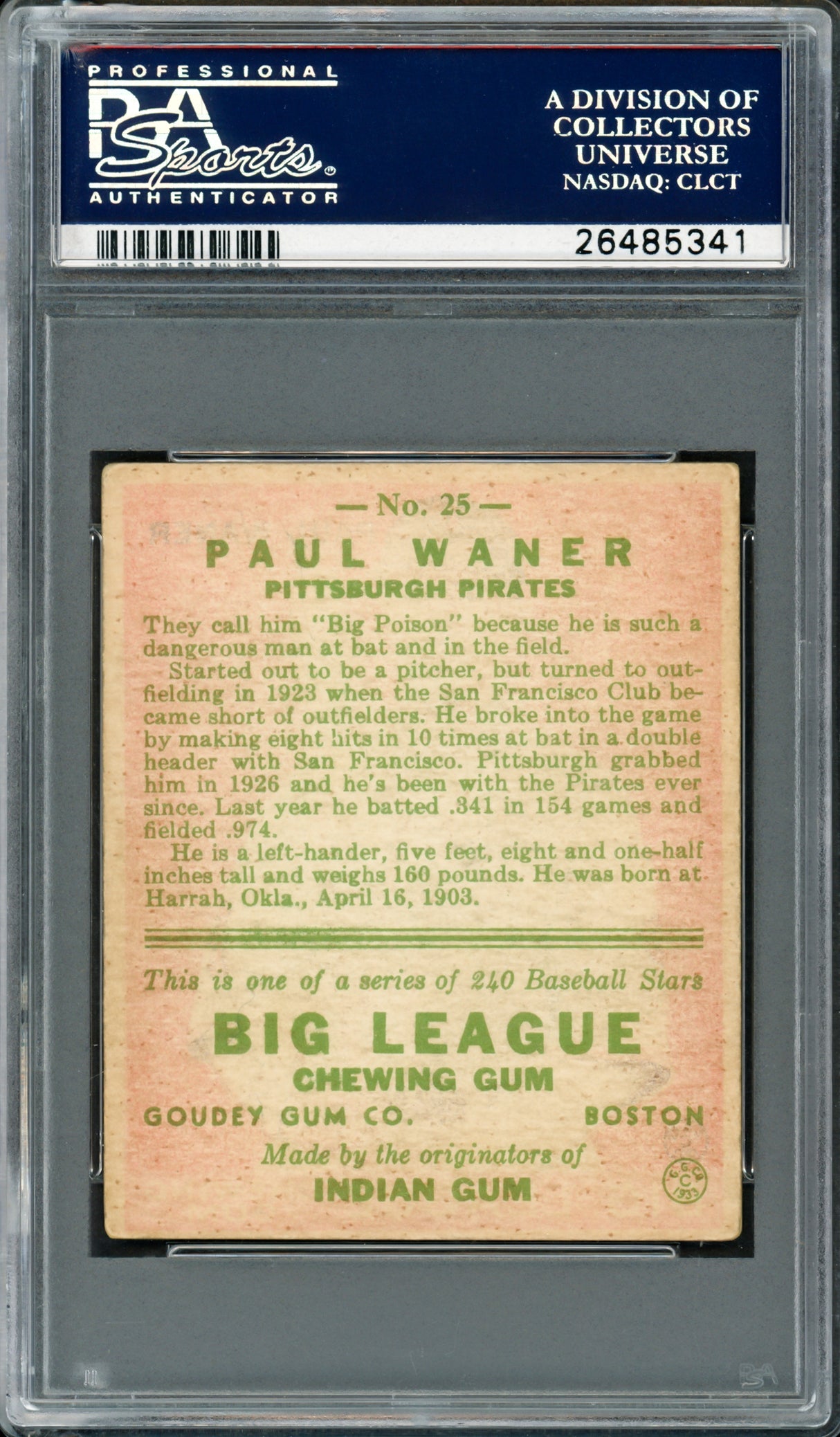 Paul Waner Autographed 1933 Goudey Rookie Card #25 Pittsburgh Pirates PSA/DNA #26485341