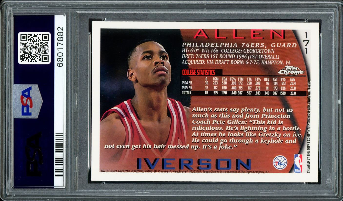 Allen Iverson Autographed 1996-97 Topps Chrome Rookie Card #171 Philadelphia 76ers PSA 8 Auto Grade Gem Mint 10 PSA/DNA #68017882
