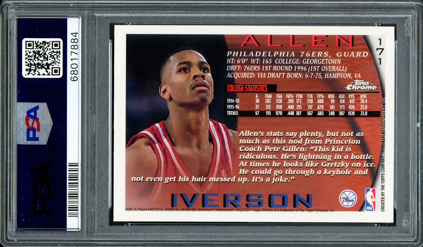 Allen Iverson Autographed 1996-97 Topps Chrome Rookie Card #171 Philadelphia 76ers PSA 6 Auto Grade Gem Mint 10 PSA/DNA #68017884