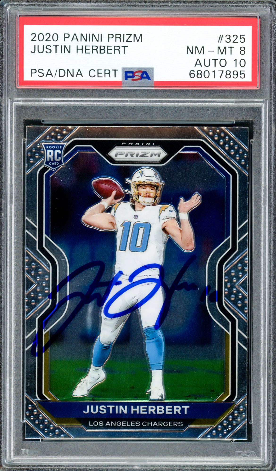 Justin Herbert Autographed 2020 Panini Prizm Rookie Card #325 Los Angeles Chargers PSA 8 Auto Grade Gem Mint 10 PSA/DNA #68017895