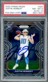 Justin Herbert Autographed 2020 Panini Prizm Rookie Card #325 Los Angeles Chargers PSA 8 Auto Grade Gem Mint 10 PSA/DNA #68017895
