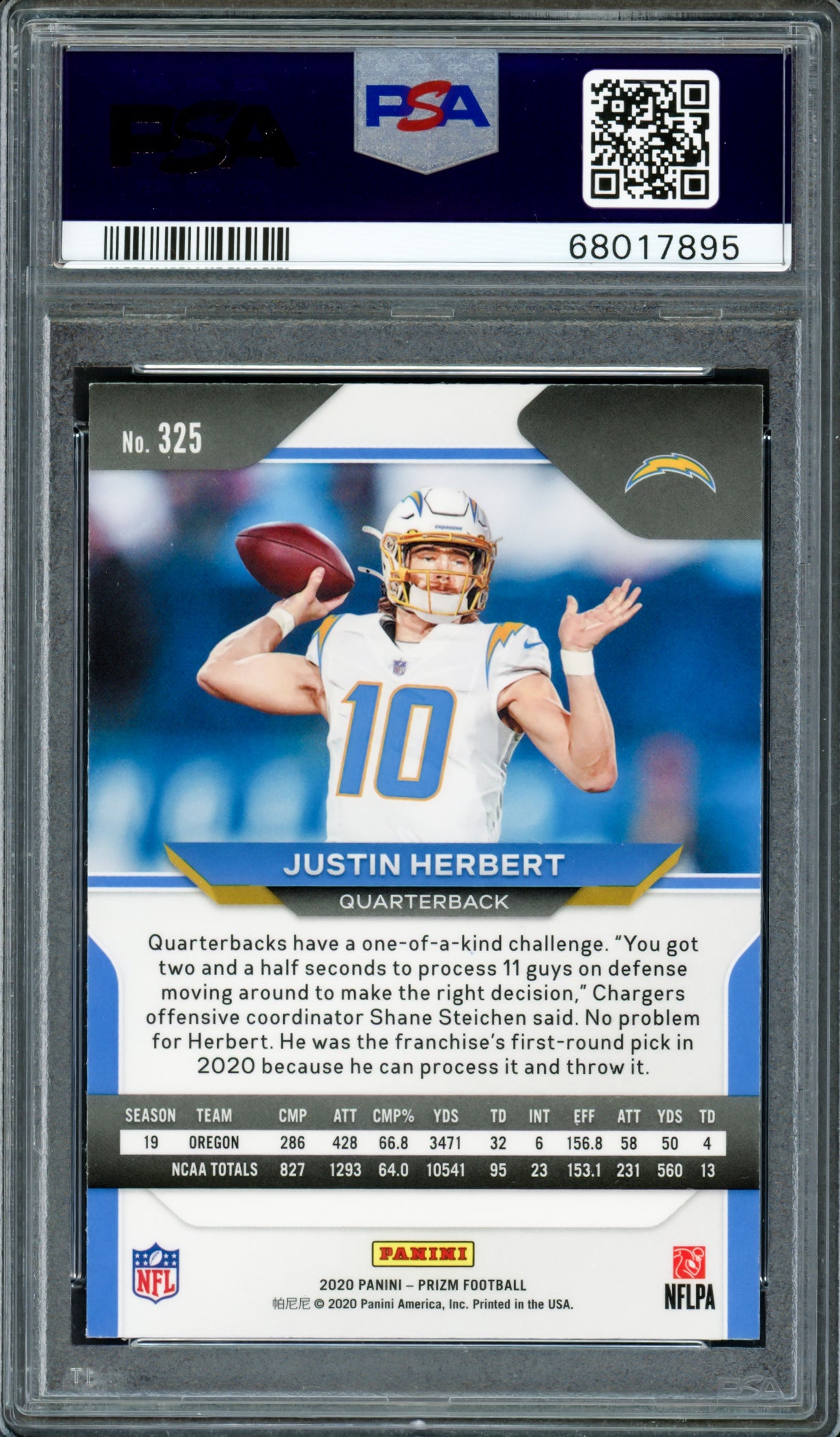 Justin Herbert Autographed 2020 Panini Prizm Rookie Card #325 Los Angeles Chargers PSA 8 Auto Grade Gem Mint 10 PSA/DNA #68017895