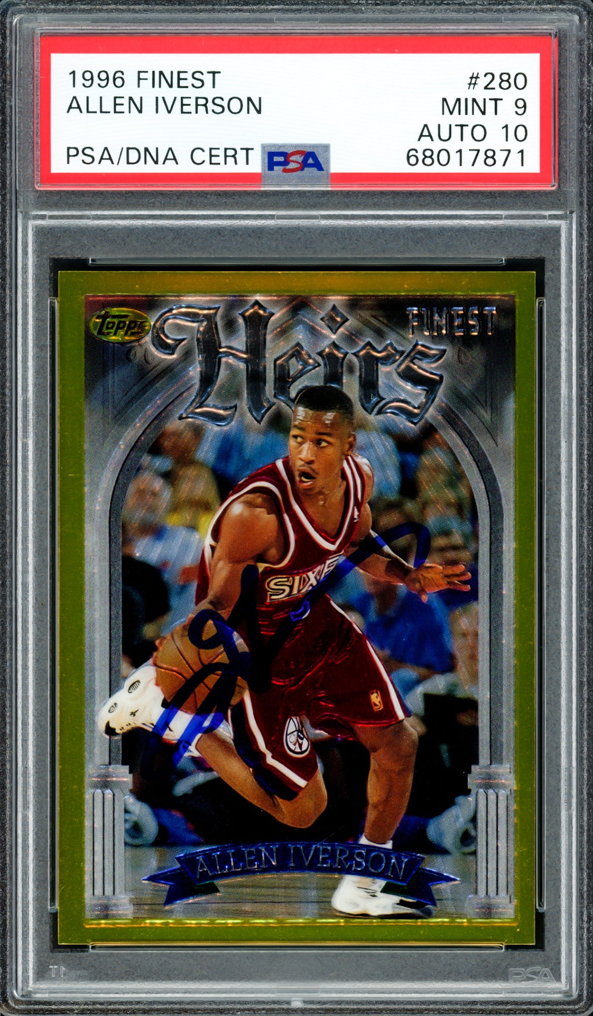 Allen Iverson Autographed 1996-97 Topps Finest Gold Rookie Card #280 Philadelphia 76ers PSA 9 Auto Grade Gem Mint 10 PSA/DNA #68017871