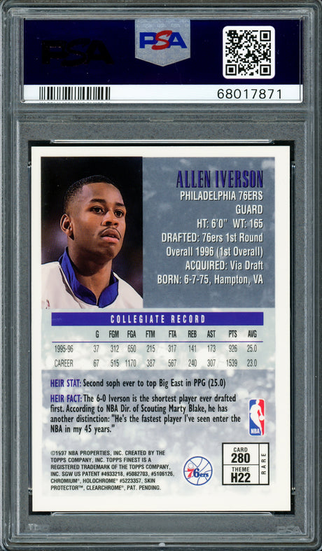Allen Iverson Autographed 1996-97 Topps Finest Gold Rookie Card #280 Philadelphia 76ers PSA 9 Auto Grade Gem Mint 10 PSA/DNA #68017871