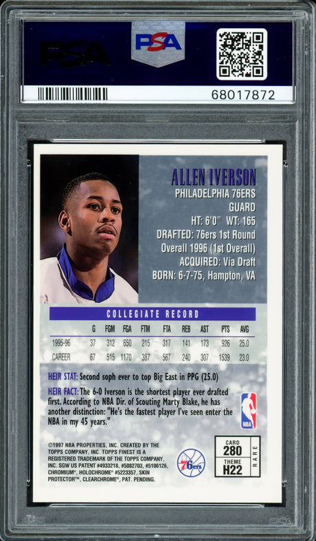 Allen Iverson Autographed 1996-97 Topps Finest Gold Rookie Card #280 Philadelphia 76ers PSA 8 Auto Grade Gem Mint 10 PSA/DNA #68017872