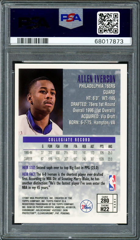 Allen Iverson Autographed 1996-97 Topps Finest Gold Rookie Card #280 Philadelphia 76ers PSA 8 Auto Grade Gem Mint 10 PSA/DNA #68017873