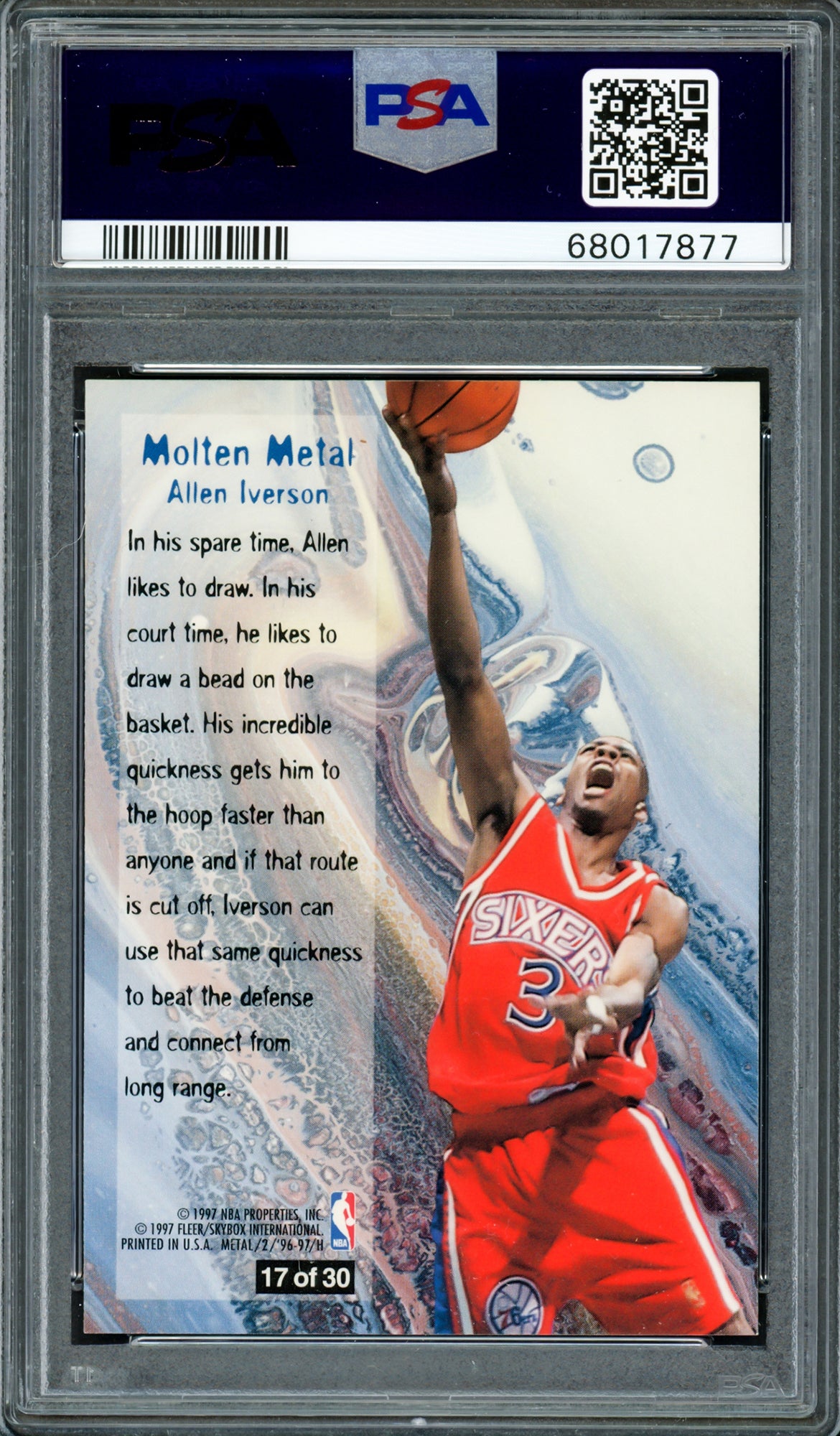 Allen Iverson Autographed 1996-97 Fleer Metal Molten Metal Rookie Card #17 Philadelphia 76ers PSA 8 Auto Grade Gem Mint 10 PSA/DNA #68017877