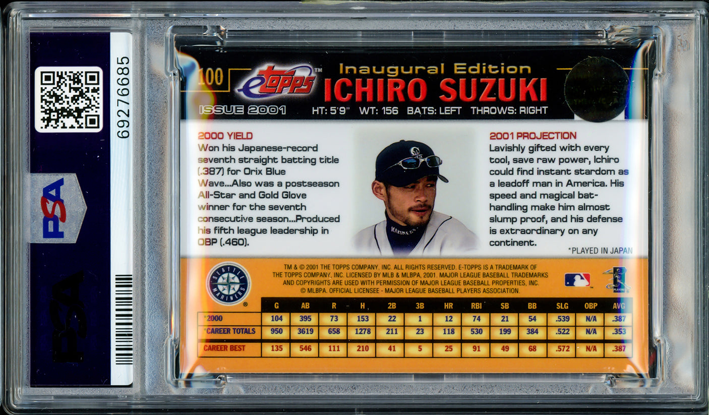 Ichiro Suzuki Autographed 2001 eTopps Rookie Card #100 Seattle Mariners PSA 9 Auto Grade Gem Mint 10 "01 ROY/MVP" Highest Graded PSA/DNA #69276685