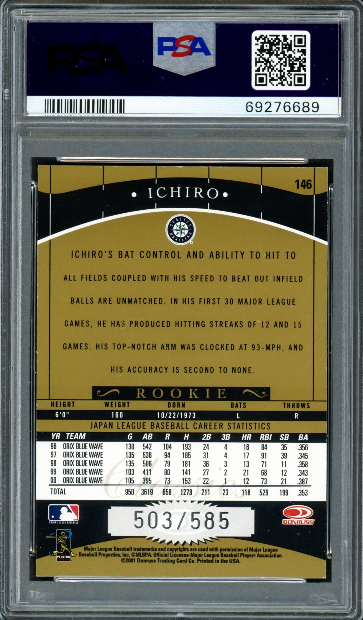 Ichiro Suzuki Autographed 2001 Donruss Classics Rookie Card #146 Seattle Mariners PSA 8 Auto Grade Gem Mint 10 "01 ROY/MVP" Pop 1 #503/585 PSA/DNA #69276689