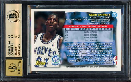 Kevin Garnett Autographed 1995-96 Topps Rookie Card #237 Minnesota Timberwolves BGS 9.5 Auto Grade Gem Mint 10 Beckett BAS #14868973