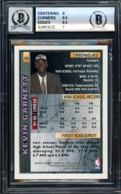 Kevin Garnett Autographed 1995-96 Topps Finest Rookie Card #115 Minnesota Timberwolves BGS 8 Auto Grade Gem Mint 10 Beckett BAS #14868976