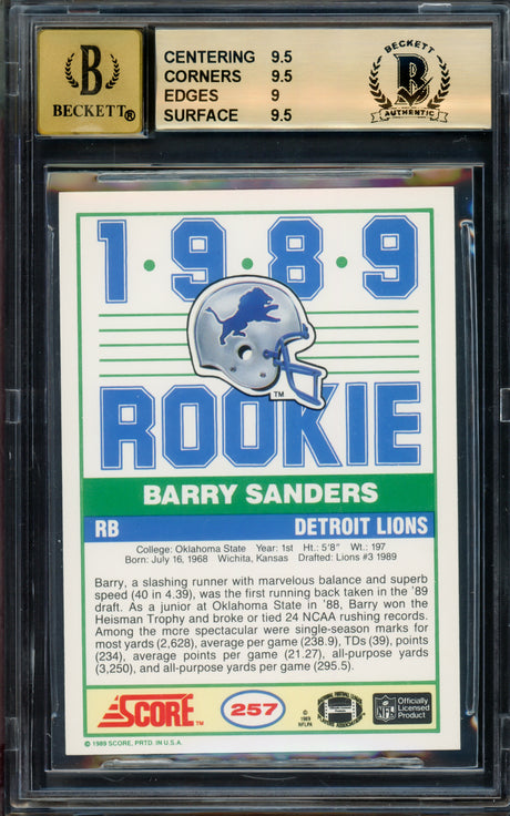 Barry Sanders Autographed 1989 Score Rookie Card #257 Detroit Lions BGS 9.5 Auto Grade Gem Mint 10 Beckett BAS #14868996
