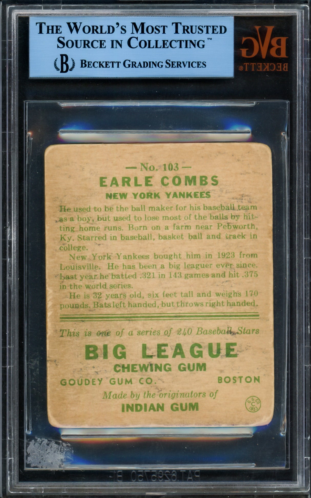 Earle Combs Autographed 1933 Goudey Rookie Card #103 New York Yankees JSA #Y66409
