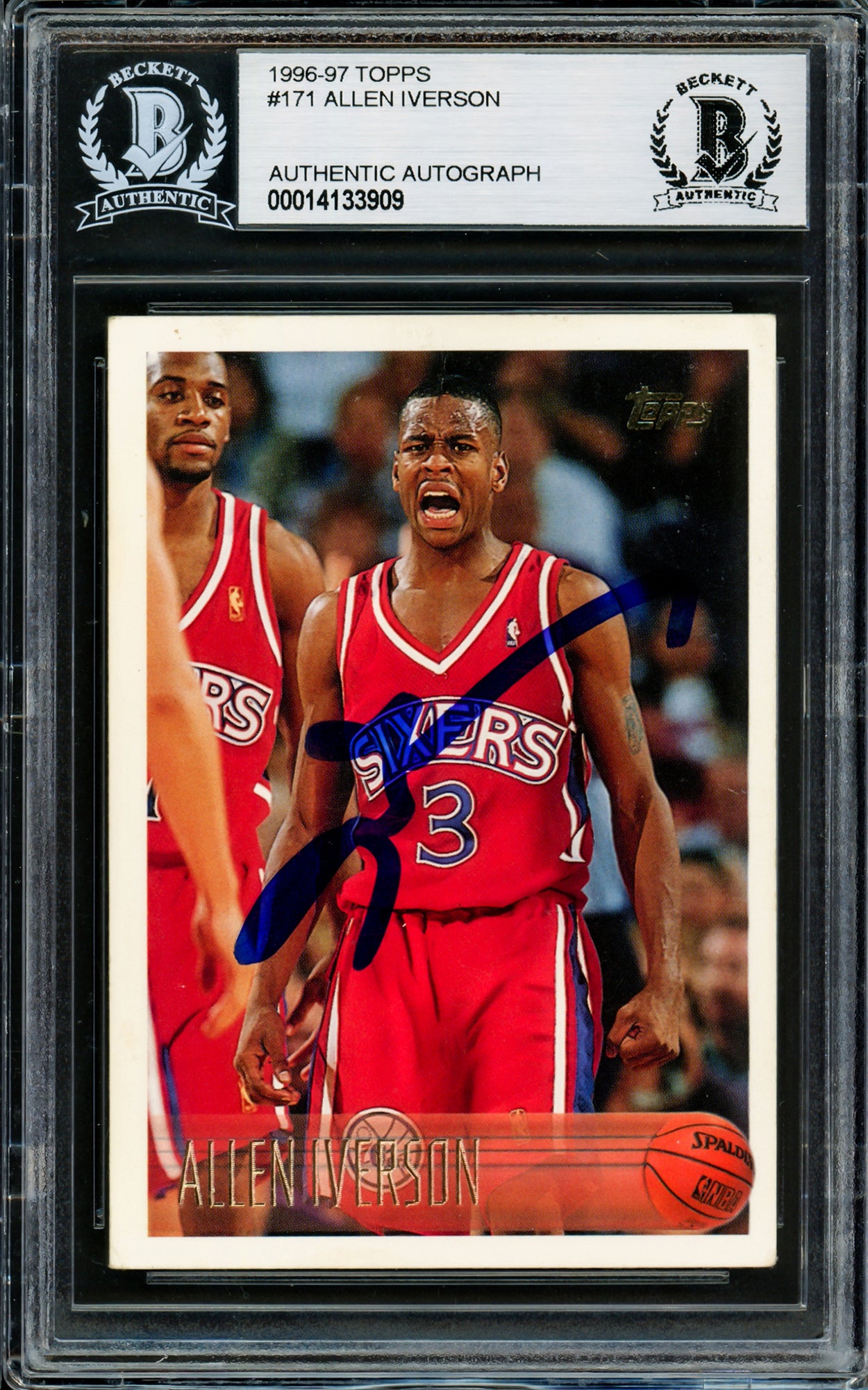 Allen Iverson Autographed 1996-97 Topps Card #171 Philadelphia 76ers Beckett BAS #14133909