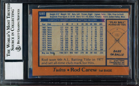 Rod Carew Autographed 1978 Topps Card #580 Minnesota Twins Auto Grade Gem Mint 10 (Miscut) Beckett BAS #12510949
