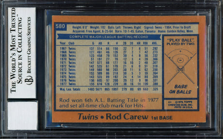 Rod Carew Autographed 1978 Topps Card #580 Minnesota Twins Auto Grade Gem Mint 10 (Miscut) Beckett BAS #12510929
